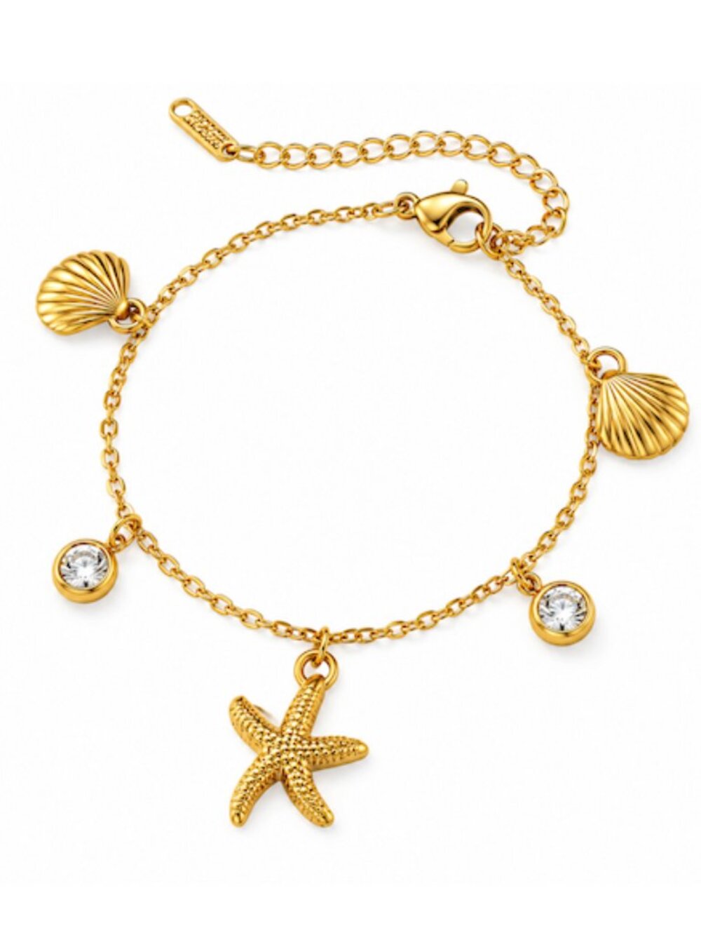 18K Gold Plated Starfish Cubic Zirconia Seashell Charm Bracelet Coastal Luxe NWT